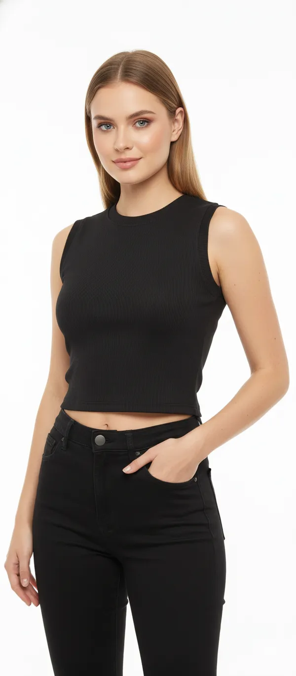 Black_Rib_Knit_Fabric_Casual_Crop_Top_For_Women