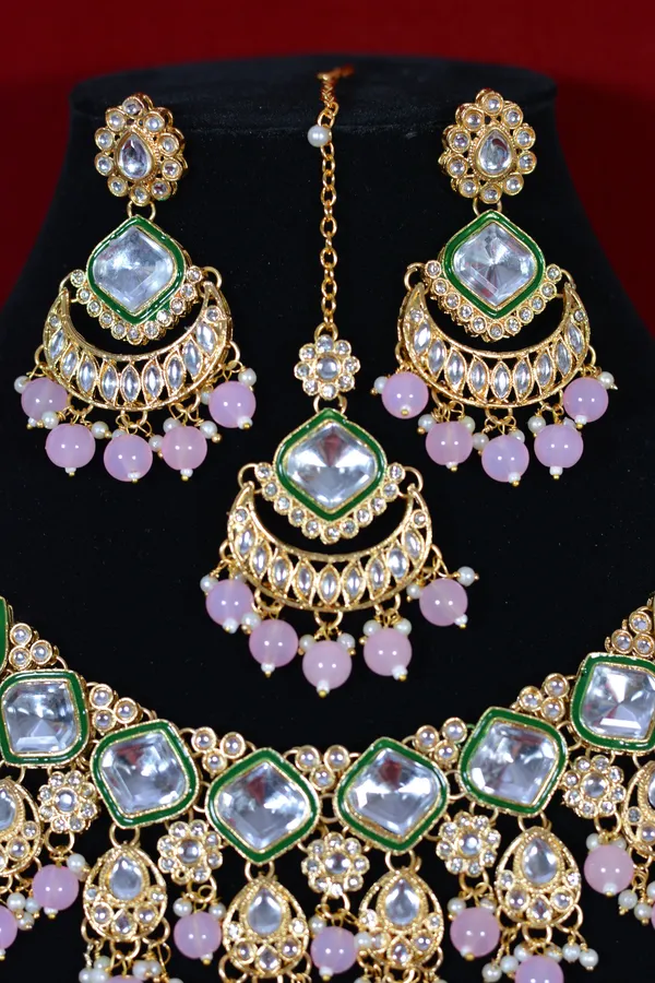 Purple_Green_Elegant_Green_White_Kundan_Necklace_Set_With_Pink_Drops_(Pack_Of_4)