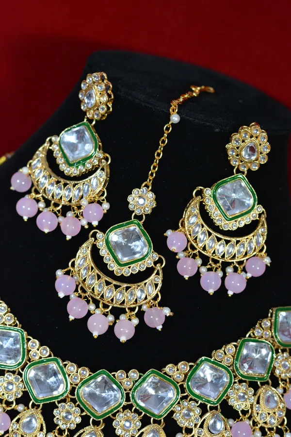Purple_Green_Elegant_Green_White_Kundan_Necklace_Set_With_Pink_Drops_(Pack_Of_4)