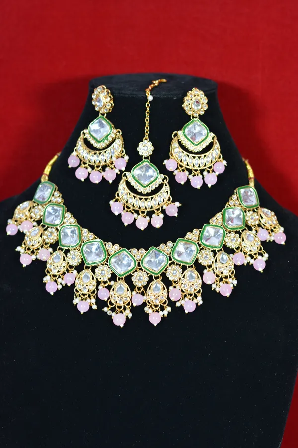 Purple_Green_Elegant_Green_White_Kundan_Necklace_Set_With_Pink_Drops_(Pack_Of_4)