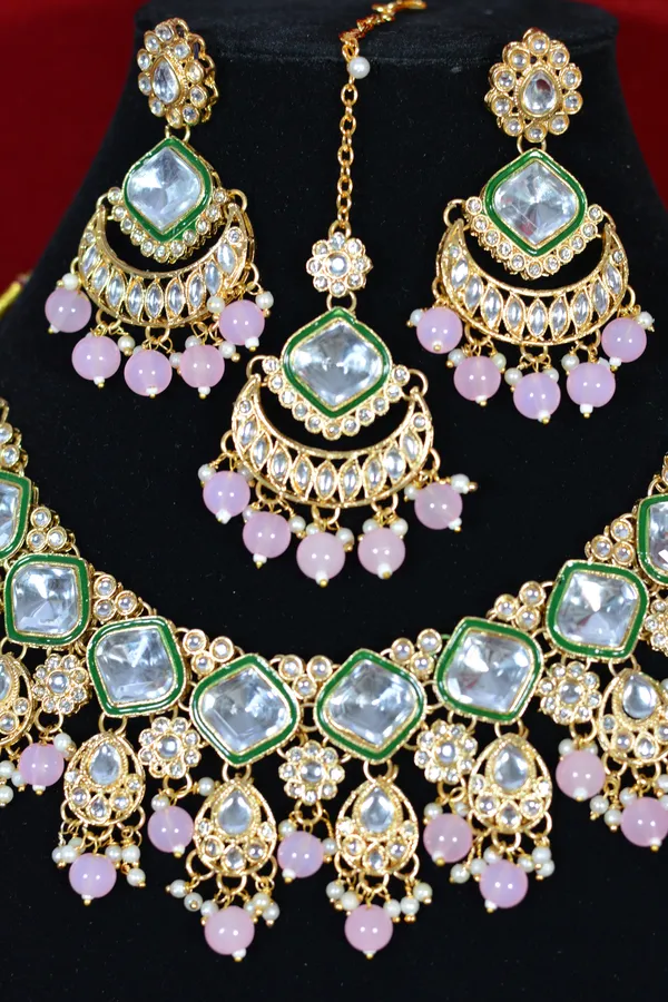 Purple_Green_Elegant_Green_White_Kundan_Necklace_Set_With_Pink_Drops_(Pack_Of_4)