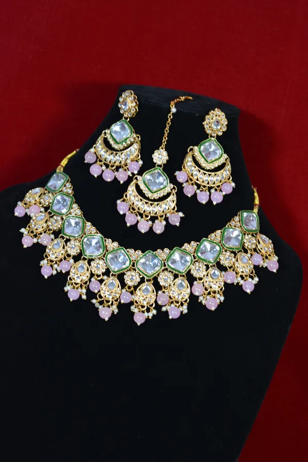 Purple_Green_Elegant_Green_White_Kundan_Necklace_Set_With_Pink_Drops_(Pack_Of_4)