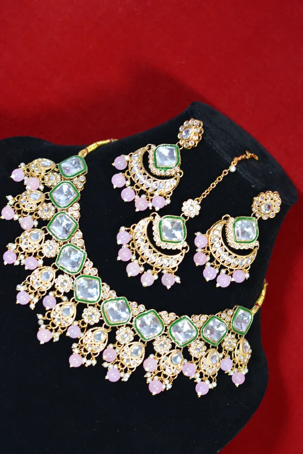Purple_Green_Elegant_Green_White_Kundan_Necklace_Set_With_Pink_Drops_(Pack_Of_4)
