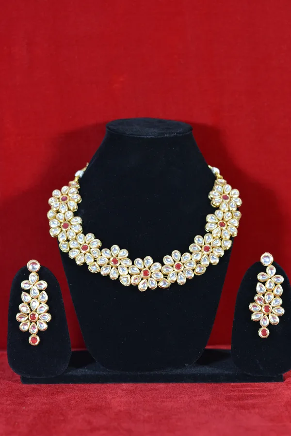 Gold_Handcrafted_Flower_Kundan_Necklace_Set_With_Red_Centerpieces_(Pack_Of_3)