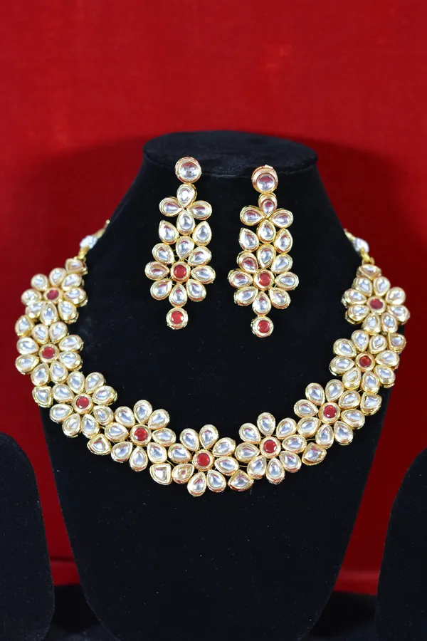 Gold_Handcrafted_Flower_Kundan_Necklace_Set_With_Red_Centerpieces_(Pack_Of_3)