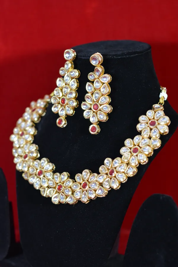 Gold_Handcrafted_Flower_Kundan_Necklace_Set_With_Red_Centerpieces_(Pack_Of_3)