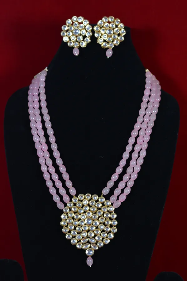 Triple_Strand_Pink_Beads_Kundan_Necklace_Set_(Pack_Of_3)