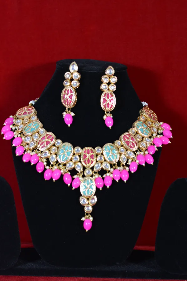 Multicolor_Handcrafted_Enamel_Kundan_Choker_Necklace_Set_With_Pink_Drops_(Pack_Of_3)