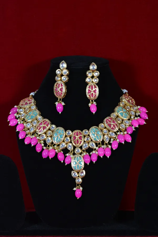 Multicolor_Handcrafted_Enamel_Kundan_Choker_Necklace_Set_With_Pink_Drops_(Pack_Of_3)