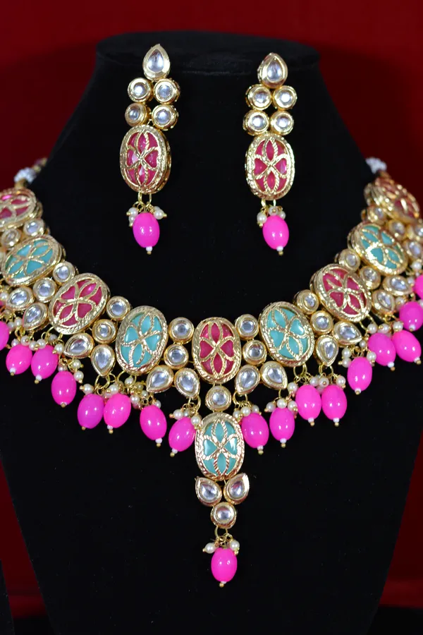 Multicolor_Handcrafted_Enamel_Kundan_Choker_Necklace_Set_With_Pink_Drops_(Pack_Of_3)