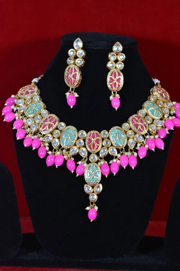 Multicolor_Handcrafted_Enamel_Kundan_Choker_Necklace_Set_With_Pink_Drops_(Pack_Of_3)