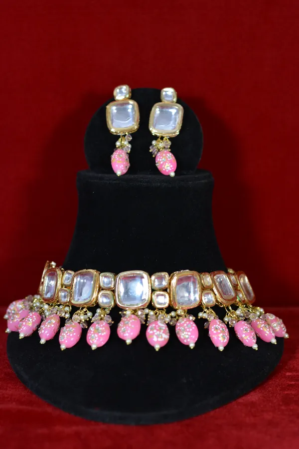 Gold_Plated_Kundan_Choker_Set_With_Pink_Drop_Beads_(Pack_Of_3)