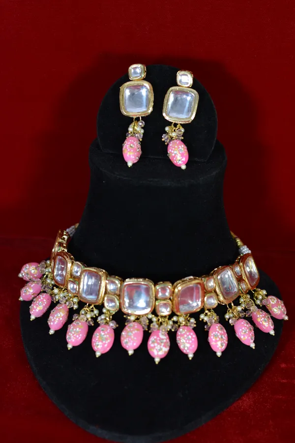 Gold_Plated_Kundan_Choker_Set_With_Pink_Drop_Beads_(Pack_Of_3)