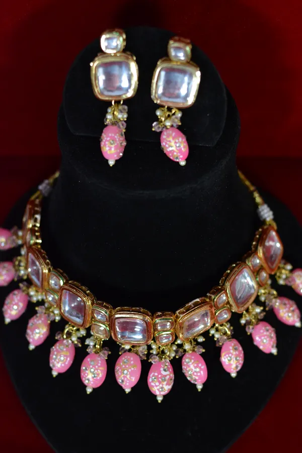 Gold_Plated_Kundan_Choker_Set_With_Pink_Drop_Beads_(Pack_Of_3)