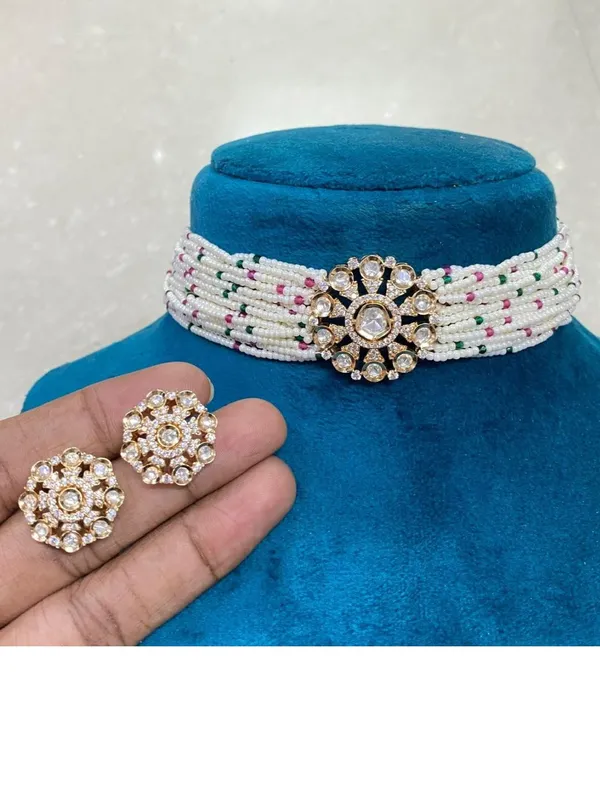Multicolor_Brass_Pearl_Strand_Kundan_Choker_Set_For_Women