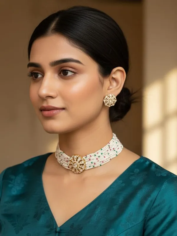 Multicolor_Brass_Pearl_Strand_Kundan_Choker_Set_For_Women