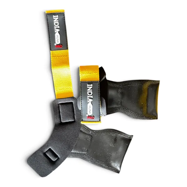 INDIAHUNK®_Weight_Lifting_Grips_(Yellow,_Pair)_–_Heavy-Duty_Gym_Grips_for_Powerlifting,_Deadlifts,_Rows_&_Pull-Ups_–_Non-Slip_Palm_Grip_with_Neoprene_Padded_Wrist_Support_–_Strength_Training,_Bodybuilding_&_Fitness