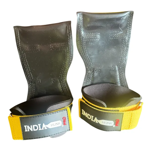 INDIAHUNK®_Weight_Lifting_Grips_(Yellow,_Pair)_–_Heavy-Duty_Gym_Grips_for_Powerlifting,_Deadlifts,_Rows_&_Pull-Ups_–_Non-Slip_Palm_Grip_with_Neoprene_Padded_Wrist_Support_–_Strength_Training,_Bodybuilding_&_Fitness