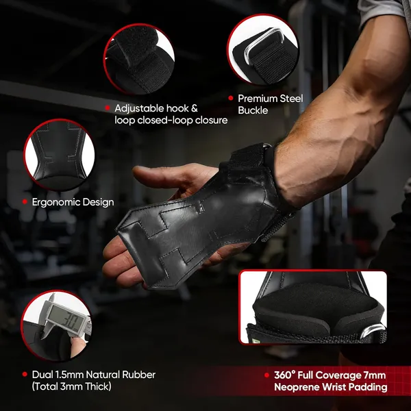 NDIAHUNK®_Weight_Lifting_Grips_(Pair)_–_Heavy-Duty_Gym_Grips_with_Neoprene_Padded_Wrist_Wraps_for_Powerlifting,_Deadlifts,_Rows_&_Pull-Ups_–_Non-Slip_Palm_Grip_Support_for_Bodybuilding_&_Strength_Training_+_Free__keychain