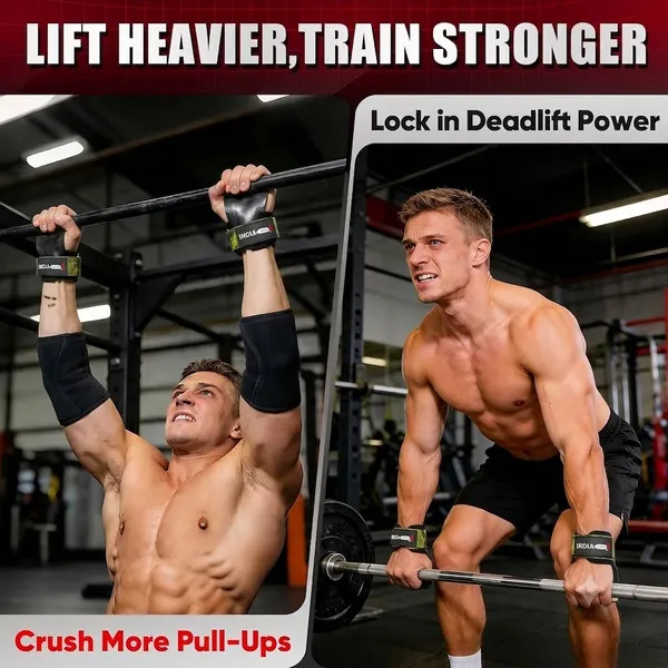 NDIAHUNK®_Weight_Lifting_Grips_(Pair)_–_Heavy-Duty_Gym_Grips_with_Neoprene_Padded_Wrist_Wraps_for_Powerlifting,_Deadlifts,_Rows_&_Pull-Ups_–_Non-Slip_Palm_Grip_Support_for_Bodybuilding_&_Strength_Training_+_Free__keychain