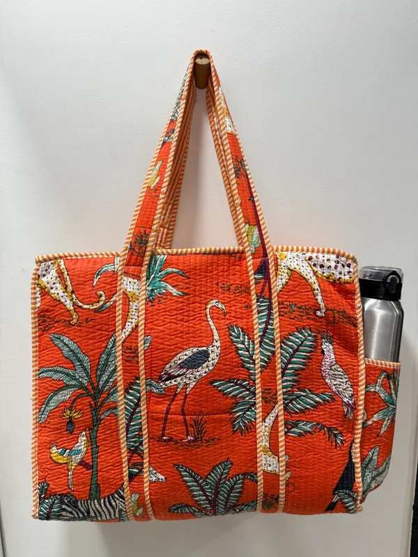 Orange_Cotton_Premium_&_Elegant_Exotic_Animal_Print_Quilted_Tote_Bag_For_Women