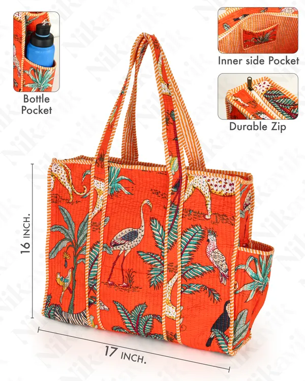 Orange_Cotton_Premium_&_Elegant_Exotic_Animal_Print_Quilted_Tote_Bag_For_Women