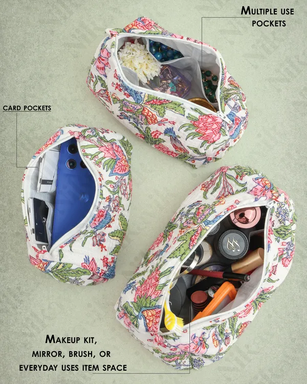 White_Pink_Cotton_Premium_&_Elegant_Printed_Quilted_Cosmetic_Pouch_Set_For_Unisex_(Set_Of_3)