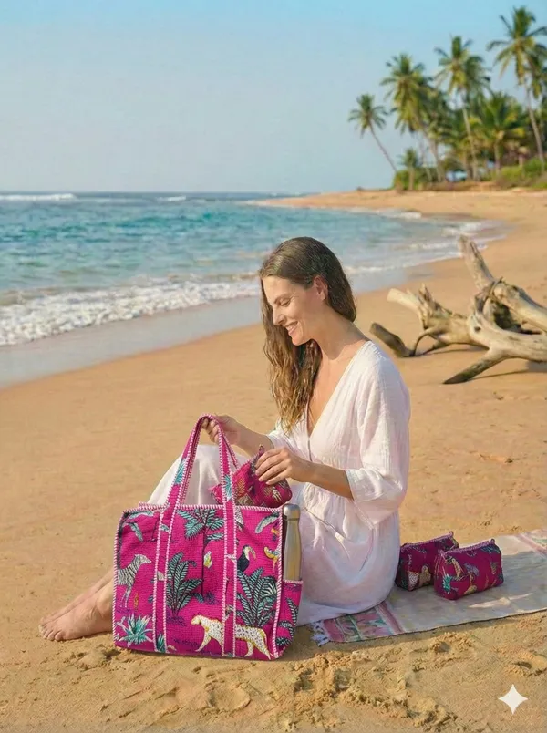 Dark_Pink_Cotton_Premium_&_Elegant_Hand_Block_Jungle_Print_Quilted_Tote_Bag_With_3_Pouches_Set_For_Women_(Set_Of_4)