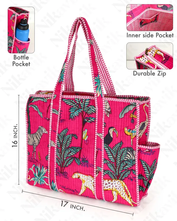 Dark_Pink_Cotton_Premium_&_Elegant_Hand_Block_Jungle_Print_Quilted_Tote_Bag_With_3_Pouches_Set_For_Women_(Set_Of_4)