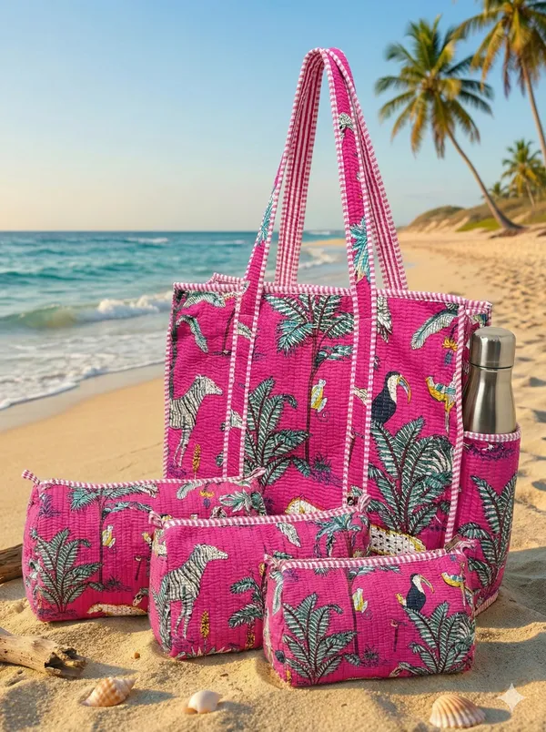 Dark_Pink_Cotton_Premium_&_Elegant_Hand_Block_Jungle_Print_Quilted_Tote_Bag_With_3_Pouches_Set_For_Women_(Set_Of_4)
