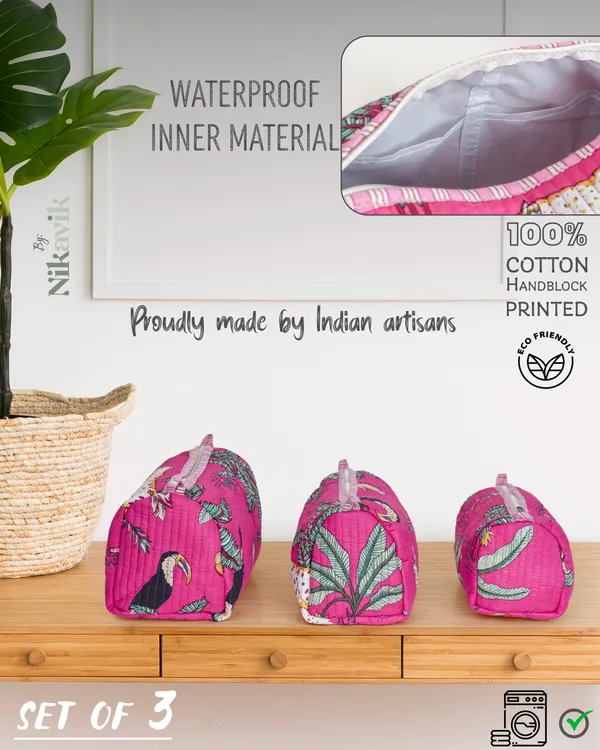 Dark_Pink_Cotton_Premium_&_Elegant_Hand_Block_Jungle_Print_Quilted_Tote_Bag_With_3_Pouches_Set_For_Women_(Set_Of_4)