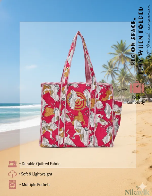 Pink_Bird_Cotton_Premium_&_Elegant_Exotic_Print_Quilted_Tote_Bag_For_Women