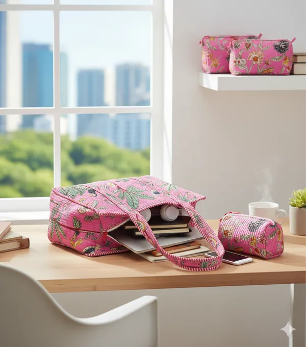 Light_Pink_Cotton_Premium_&_Elegant_Hand_Block_Print_Quilted_Tote_Bag_With_3_Pouches_Set_For_Women_(Set_Of_4)