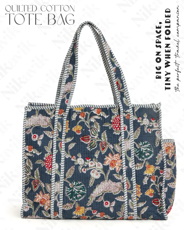 Blue(Multi)_Cotton_Premium_&_Elegant_Floral_Hand_Block_Print_Quilted_Tote_Bag_For_Women