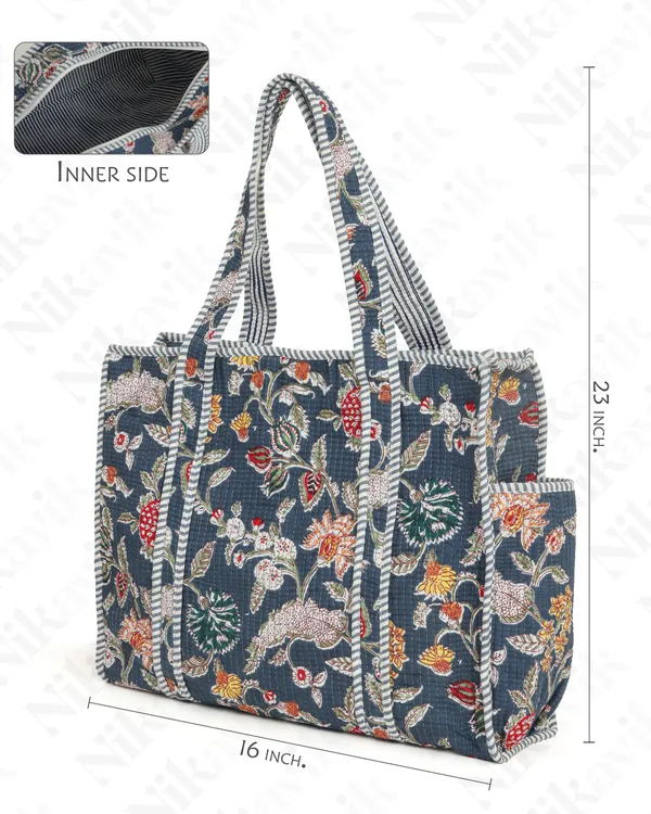 Blue(Multi)_Cotton_Premium_&_Elegant_Floral_Hand_Block_Print_Quilted_Tote_Bag_For_Women