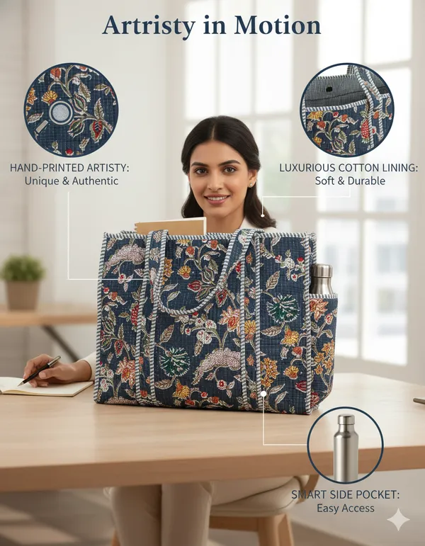 Blue(Multi)_Cotton_Premium_&_Elegant_Floral_Hand_Block_Print_Quilted_Tote_Bag_For_Women