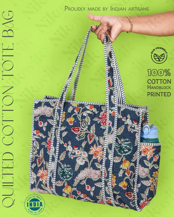 Blue(Multi)_Cotton_Premium_&_Elegant_Floral_Hand_Block_Print_Quilted_Tote_Bag_For_Women