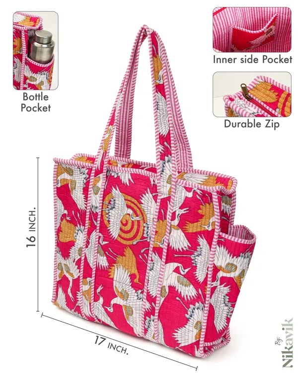Pink__Bird_Cotton_Premium_&_Elegant_Hand_Block_Print_Quilted_Tote_Bag_With_3_Pouches_Set_For_Women_(Set_Of_4)
