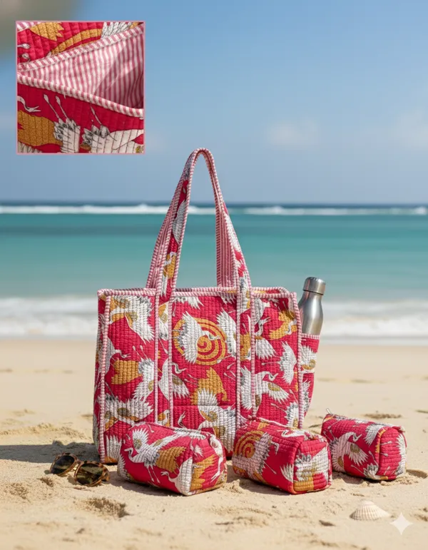 Pink__Bird_Cotton_Premium_&_Elegant_Hand_Block_Print_Quilted_Tote_Bag_With_3_Pouches_Set_For_Women_(Set_Of_4)