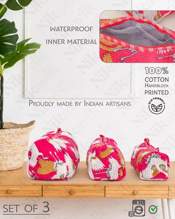 Pink__Bird_Cotton_Premium_&_Elegant_Hand_Block_Print_Quilted_Tote_Bag_With_3_Pouches_Set_For_Women_(Set_Of_4)