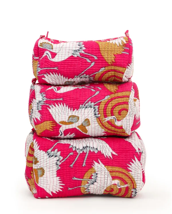 Pink__Bird_Cotton_Premium_&_Elegant_Hand_Block_Print_Quilted_Tote_Bag_With_3_Pouches_Set_For_Women_(Set_Of_4)
