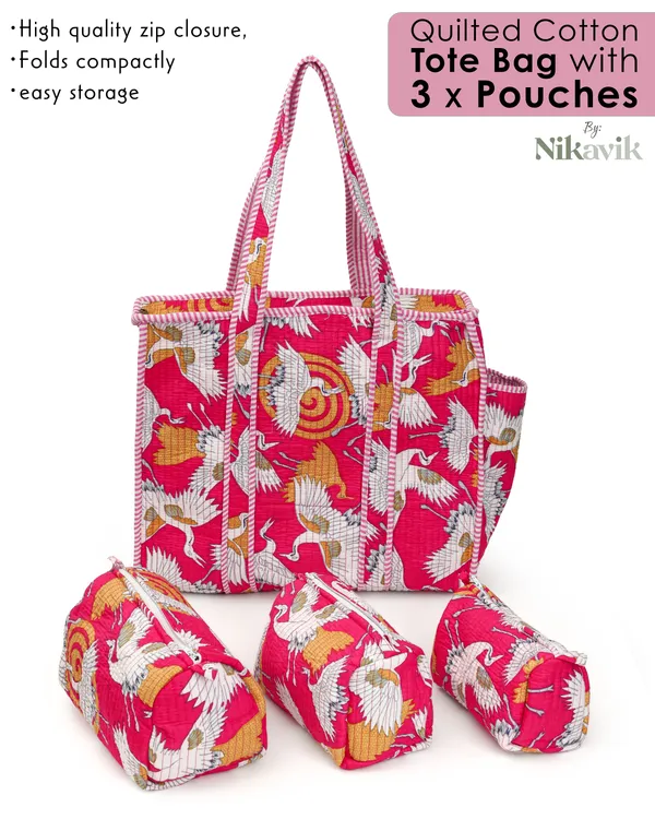 Pink__Bird_Cotton_Premium_&_Elegant_Hand_Block_Print_Quilted_Tote_Bag_With_3_Pouches_Set_For_Women_(Set_Of_4)