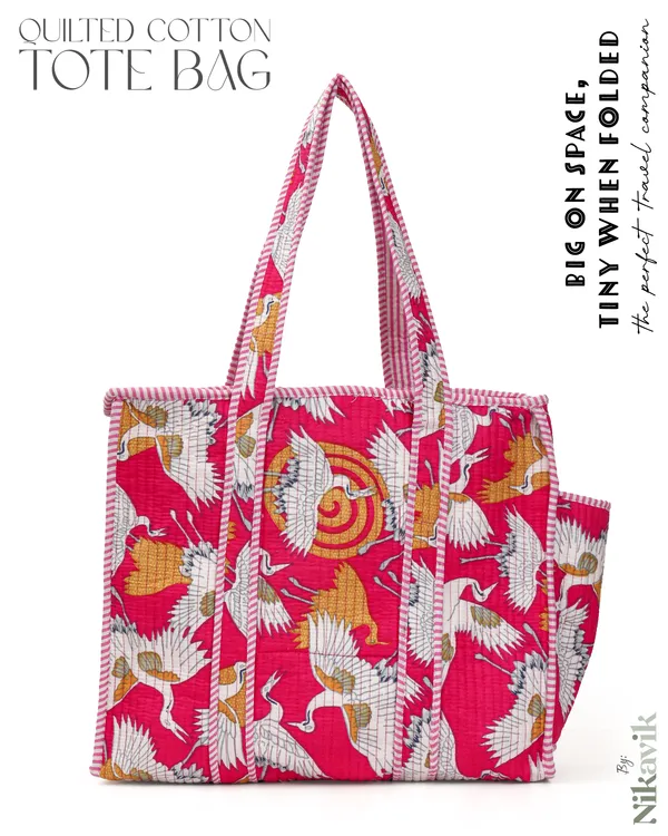 Pink__Bird_Cotton_Premium_&_Elegant_Hand_Block_Print_Quilted_Tote_Bag_With_3_Pouches_Set_For_Women_(Set_Of_4)