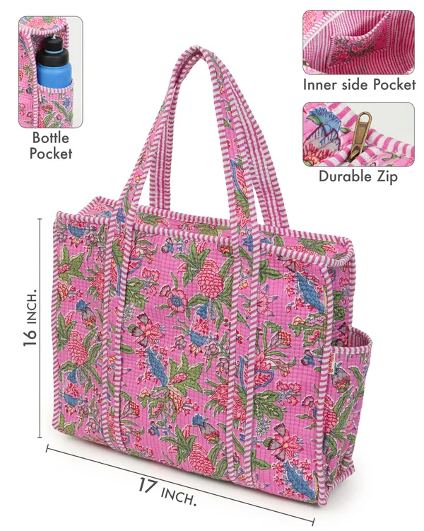 Pink_Multi_Cotton_Premium_&_Elegant_Hand_Block_Print_Quilted_Tote_Bag_With_3_Pouches_Set_For_Women_(Set_Of_4)