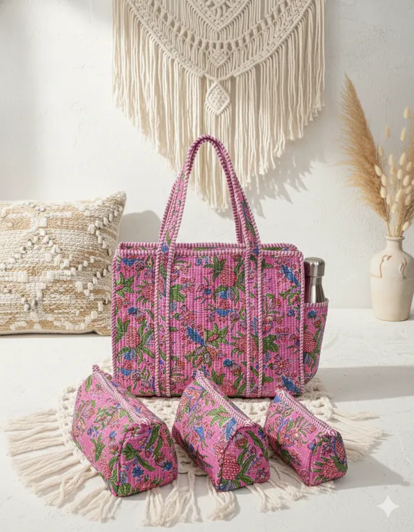 Pink_Multi_Cotton_Premium_&_Elegant_Hand_Block_Print_Quilted_Tote_Bag_With_3_Pouches_Set_For_Women_(Set_Of_4)