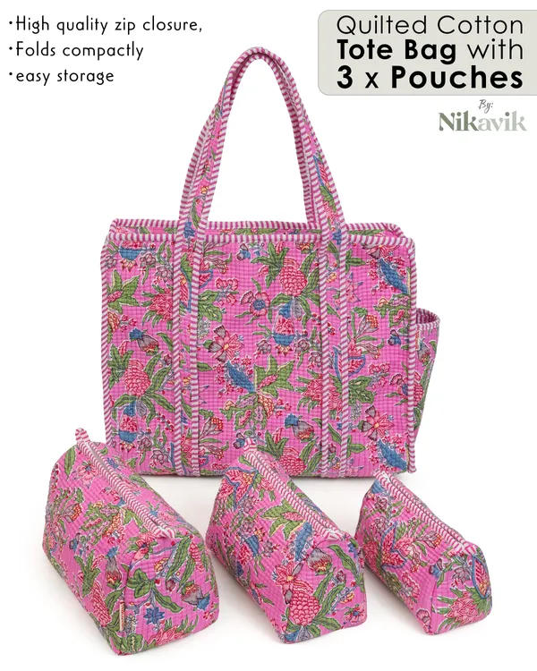 Pink_Multi_Cotton_Premium_&_Elegant_Hand_Block_Print_Quilted_Tote_Bag_With_3_Pouches_Set_For_Women_(Set_Of_4)