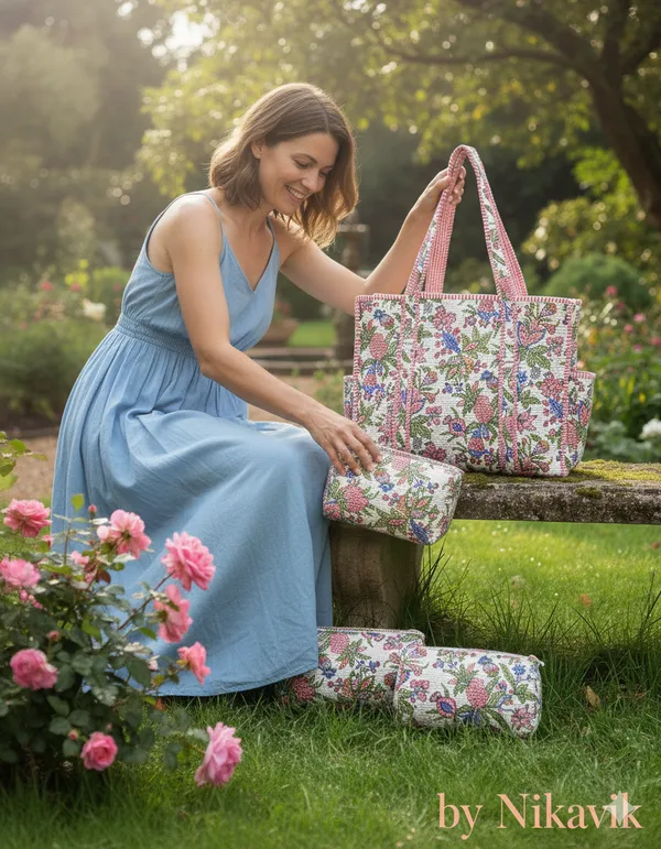 White_Pink_Cotton_Premium_&_Elegant_Hand_Block_Print_Quilted_Tote_Bag_With_3_Pouches_Set_For_Women_(Set_Of_4)