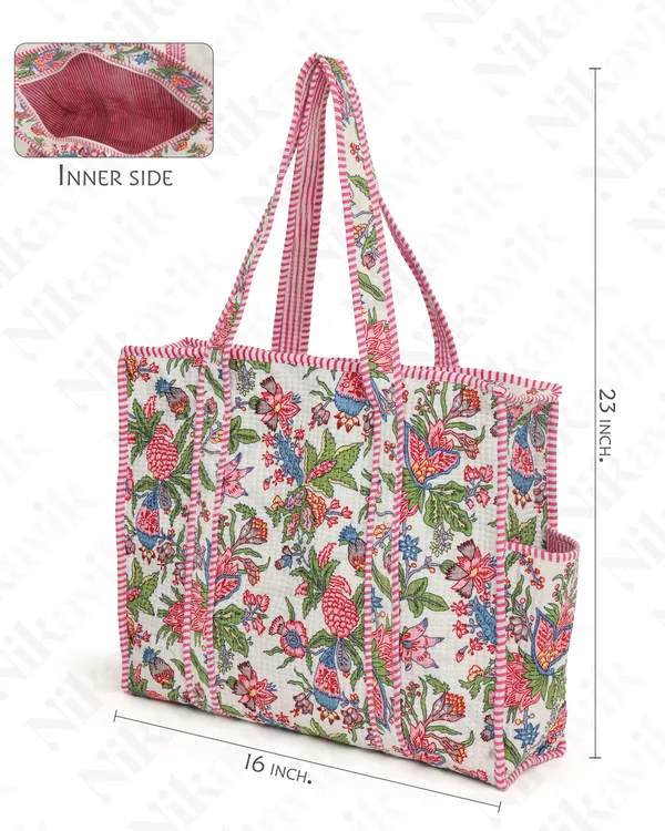 White_Pink_Cotton_Premium_&_Elegant_Hand_Block_Print_Quilted_Tote_Bag_With_3_Pouches_Set_For_Women_(Set_Of_4)