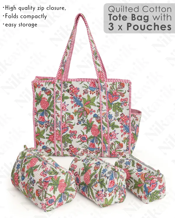 White_Pink_Cotton_Premium_&_Elegant_Hand_Block_Print_Quilted_Tote_Bag_With_3_Pouches_Set_For_Women_(Set_Of_4)