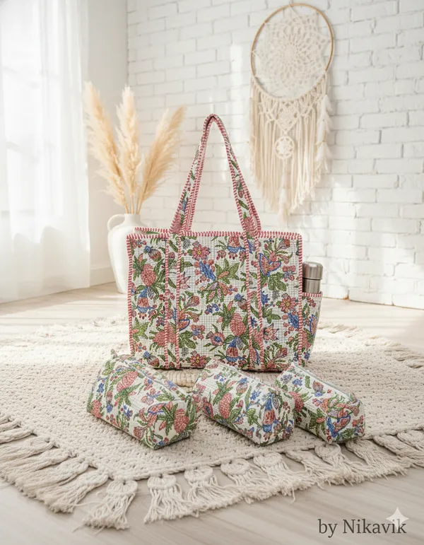 White_Pink_Cotton_Premium_&_Elegant_Hand_Block_Print_Quilted_Tote_Bag_With_3_Pouches_Set_For_Women_(Set_Of_4)